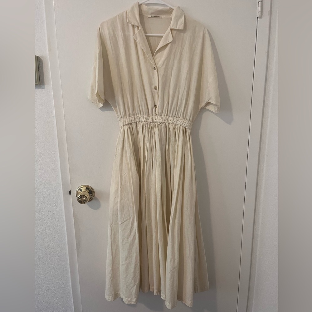 Black Crane Ivory Cotton Short Sleeve Shirt Dress Small Elastic Waistband